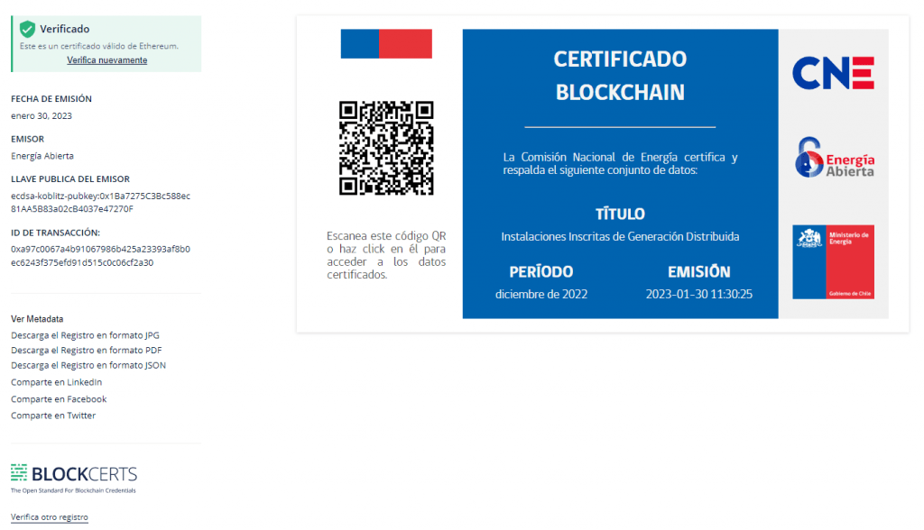 Blockchain En Chile Comision Nacional De Energia Certificación De Datos Oficiales De Cne (Chile)
